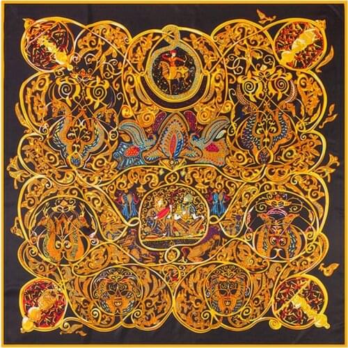 POBING 100% Twill Silk Square Scarf Women Spain Palace Print Foulard Head Scarves Wraps NecKerchief Office Lady Bandana 130*130