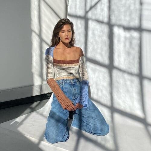 Knitted Long Sleeve Crop Top Women Beach Y2K 2021 Autumn Summer Patchwork Vintage Green Casual T Shirts Sexy Fashion