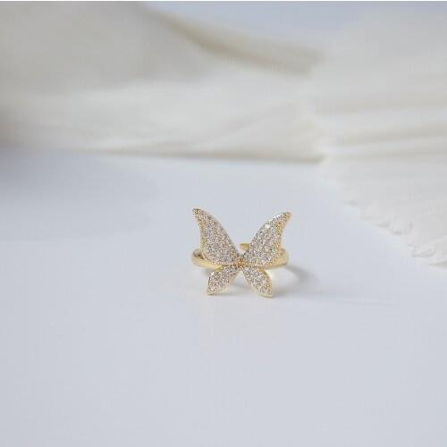 14k Real Gold Plated Fashion Jewelry Butterfly Micro-inlaid Zircon Adjustable Size Rings for Woman Holiday Ring for Wedding