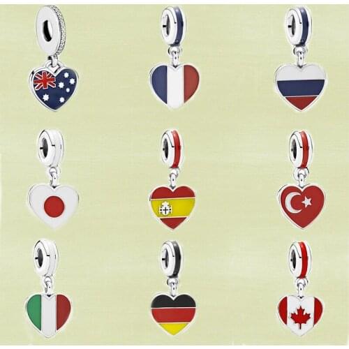 2021 New S925 Silver Heart-shaped Flags Of France, Russia, Japan, Spain, Australia, High-quality Accessories As Gifts For Ladies