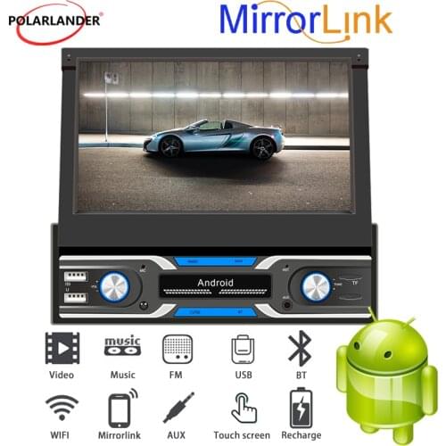 MP5 DVR 7-inch 12V MirrorLink 1DIN Dual Screen Display Android 9.0 Car Radio Bluetooth WiFi GPS FM USB Aux Retractable Screen