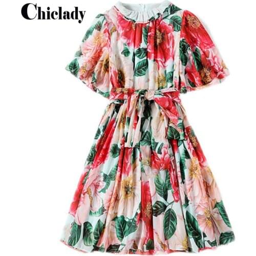 CHICLADY designer mini red flower dress for women lady chiffon ruffles high waist fashion chic party casual dresses large size