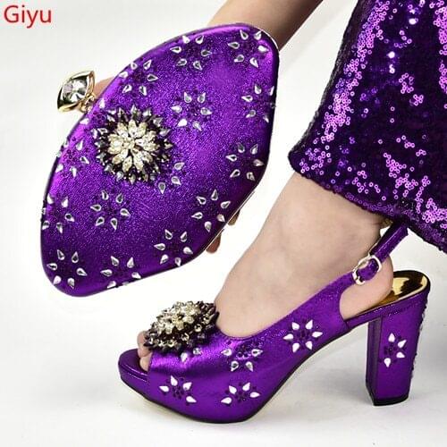 Doershow New Arrival African Wedding Shoes and Bag Set purple Italian Shoes with Matching Bags Nigerian Women party!! SAB1-9