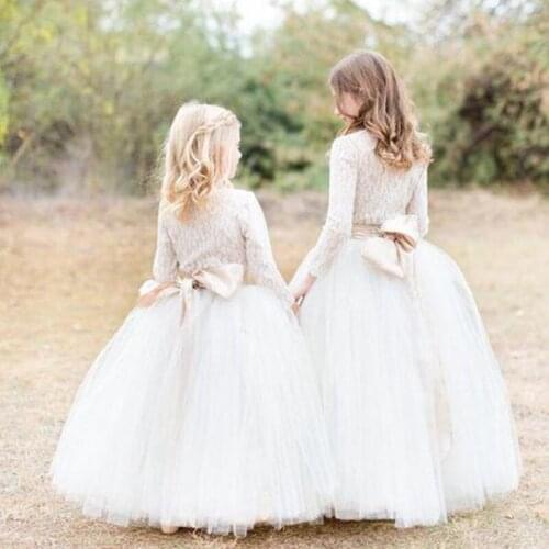 Vintage Long Sleeve Lace Flower Girls Dresses Ball Gowns Bow Back Girls White Ivory Photography Dresses Gowns Custom