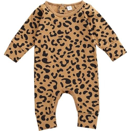 Infant Baby Boy Leopard Printed Full Length Regular Sleeve Back Button Covered Button Round Neck Fashion Rompers