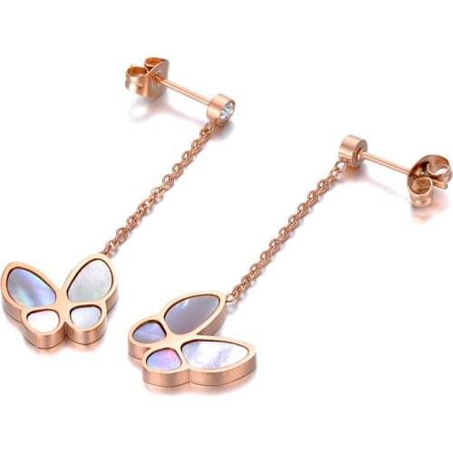 Trendy Stainless Steel Shell Butterfly Dangle Earrings For Girls Women New CZ Crystal Animal Earrings Jewelry E19216