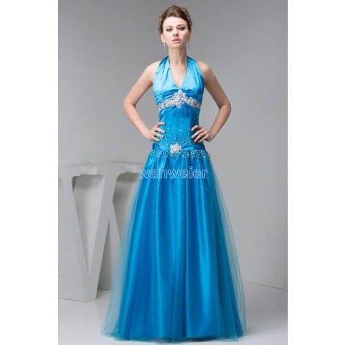 2018 new design gown brides maid hot sale blue appliques beading beach halter Custom size evening mother of the bride dresses