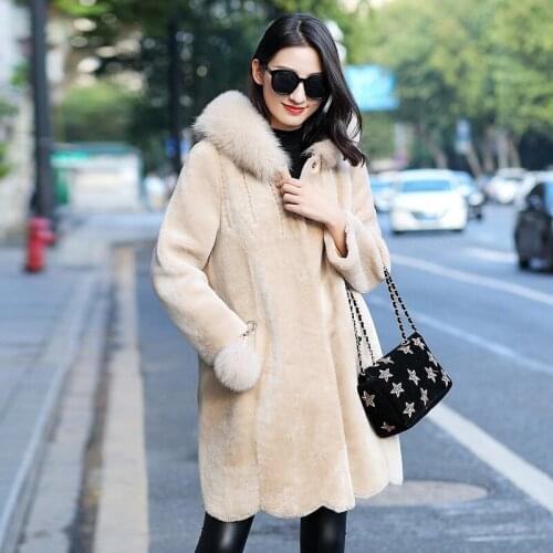 Winter Womens Real Coat Sheep Shearling Jacket Women Natural Wool Coats and Jackets Fox Fur Hooded 2020 ZM-2722 KJ4255
