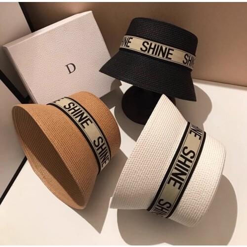Women Bucket Hat Straw Ribbon Letters Summer Hats Flat Top Fisherman Hat Japanese Sun Visors Beach Designer Sun Hat