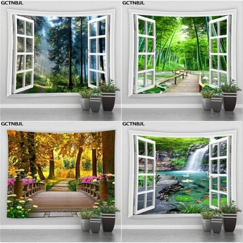 Window Forest Landscape Tapestry Hippie Wall Hanging Bohemian Style Home Decoration Large Tapestries Bedroom Dormitory Blanket