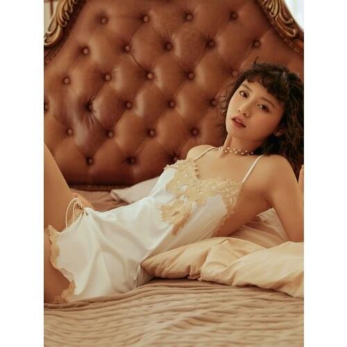 Sex Deep v Backless Nightskirt For Female Elegant Sleeping Dress Sexy Lingerie Lace Satin Pajamas Women Sleepwear Home Clothes