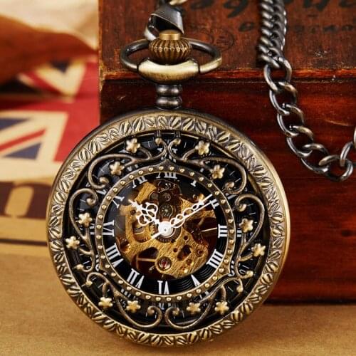 Vintage Steampunk Hollow Mechanical Pocket Watch With Chain Hand-winding Pendant Clock Men Women Gold Bronze Necklace Watch Gifs