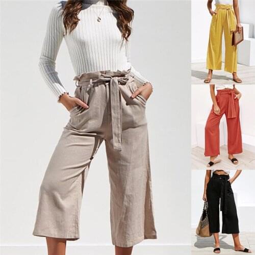 Xxxl Womens Spring Casual Loose Pants Wide Leg Pants Solid Color Cotton Trousers High Waisted Lace-up Ladies Nine Pointed Pants