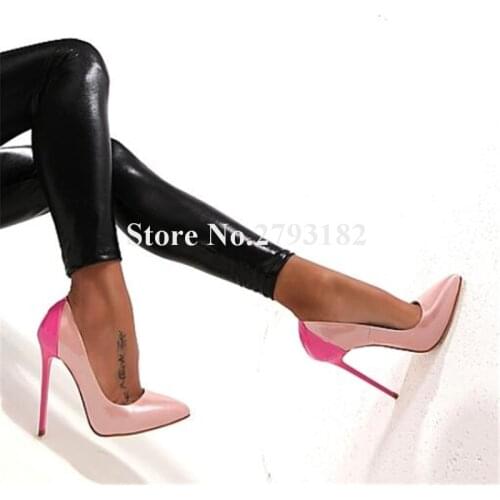 Women Brand Design Pointed Toe Patent Leather Patchwork Stiletto Heel Pimps Pink Yellow Slip-on Classical Style High Heels