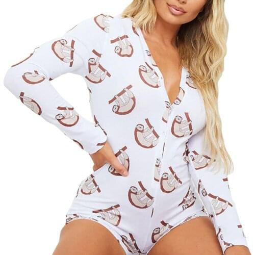 Womens Pajamas Romper Summer Boxer Cloud Dot Printed Long Sleeve Loose Nightclothes Buttons Sleeping Wear