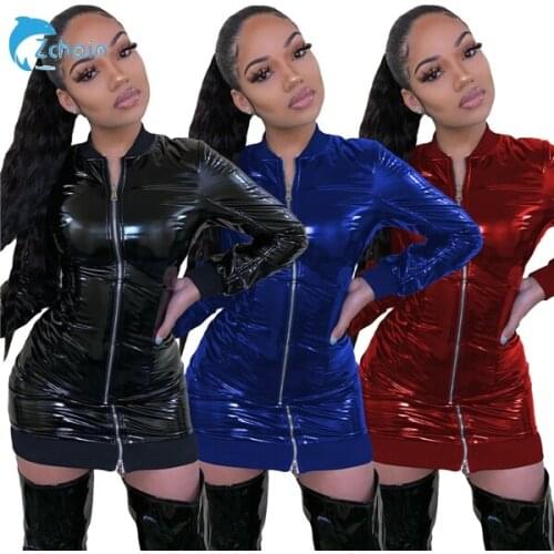 Womens Casual Dresses Night Wear Sexy Women Bodycon Dress Long Sleeve Sequin Fabric Dresses Pu Leather Clothing
