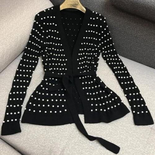 Pearl Beading long Sleeve Cardigan Black v-Neck Women Elegant Winter Sweater