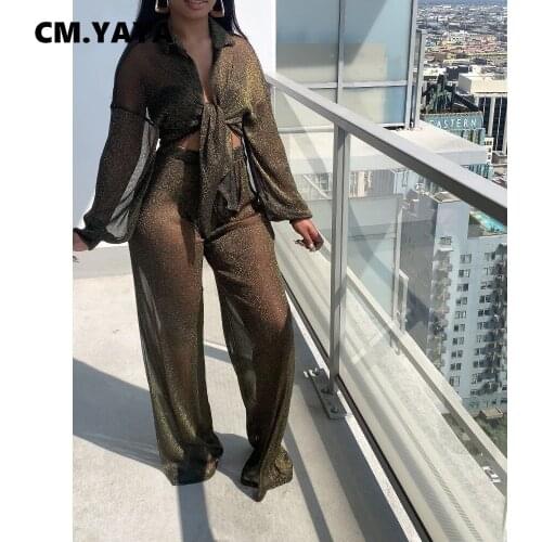 CM.YAYA Women Set Solid Gold Thread See-through Bandage Turn-down Collar Tops Loose Pants Two 2 Piece Sets Elegant Outfit Fall