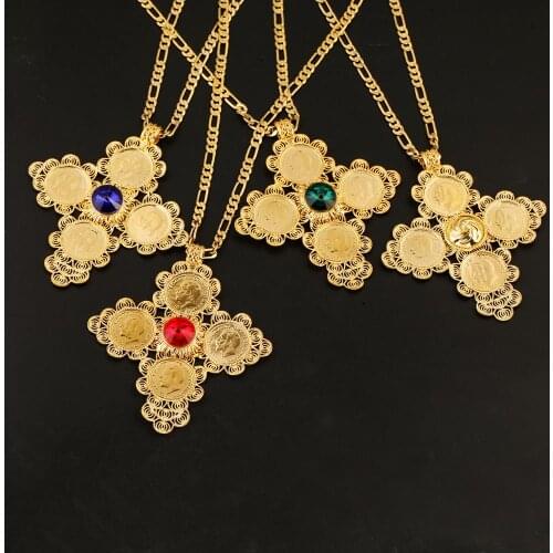 Ethiopian Coin Cross Pendant Necklace Women Gold Color African Ethiopian Ethnic Jewelry