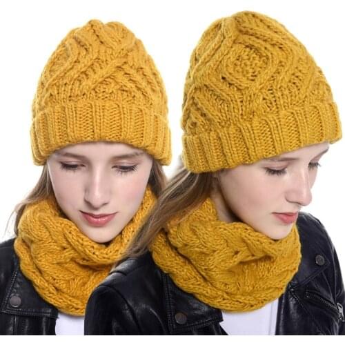 Winter Warm 2 Piece Solid Color Cable Knitted Beanie Cap and Infinite Scarf Set