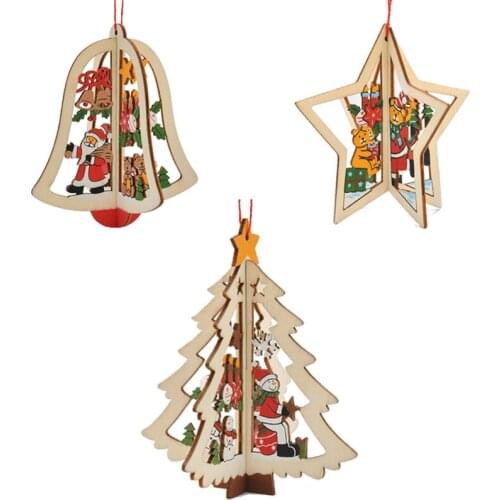 3D Delicate Wooden Pentagram Star Bell Christmas Tree Pendant Decoration Ornaments for Festival Party Hanging Xmas Tree Decor