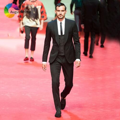 Black Men Suits for Wedding Shawl Lapel Custom Made Groom Tuxedos Slim Fit Best Man Blazers 3Piece Jacket Pants Vest Costume