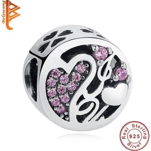Pure 925 Sterling Silver Pink Crystal Charm Beads I Love You Heart Beads Fit Original Women Bracelet Bangle DIY Jewelry Making
