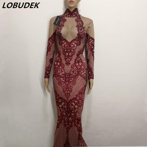 Occident Style Trailing long Dress Bright Crystals one piece dress Nightclub DJ DS costumes Party Celebration performance wears