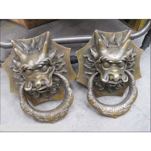 10"Feng shui china folk bronze Dragon head knocker Knock door ring statue Pair