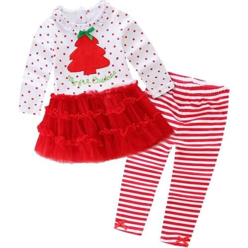 2Pcs Baby Girl Christmas Clothes Set Kids Cotton Full Flare Red Tree Pattern T-shirt+Pants for Little Girls Causal Clothing 1-6Y
