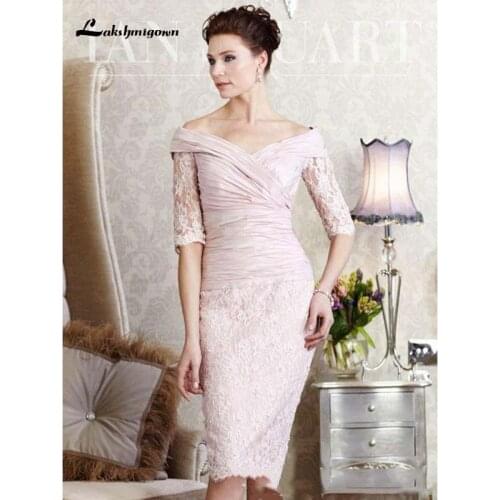 Knee Length Lace Mother Dresses 2021 Half Sleeves Ruched V Neck Wedding Guest Dress Zipper Back Short Prom vestidos de madrinha