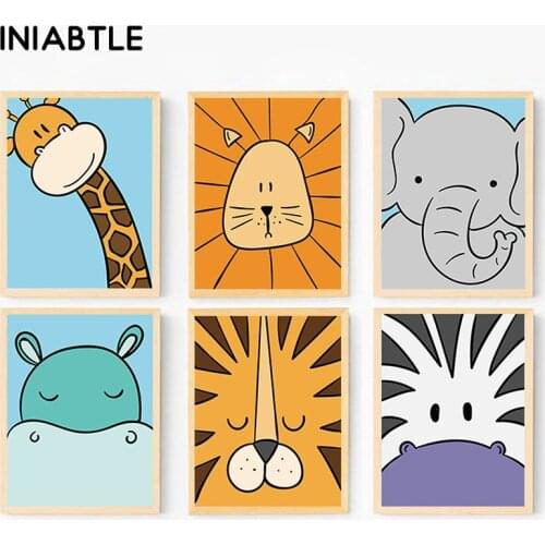 Cute Elephant Giraffe Lion Zebra Hippo Animal Poster Nursery Wall Art Canvas Painting Child Picture Nordic Kids Baby Room Decor
