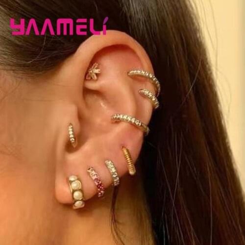 Fashion Women Earring Fine 925 Sterling Silver Rhinestone Crystal Minimalist Hoop Style Stackable Party Accessories Jewelry Gift