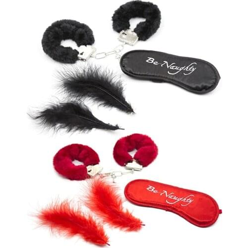 3 Pcs Under Bed Bondage Set Handcuffs + Feather + Eye Mask Restraint Kit Fetish Couples Slave Flirt Sex Toys