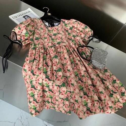 2021 spring and summer new retro rose print baby dress bandage design clear cotton print