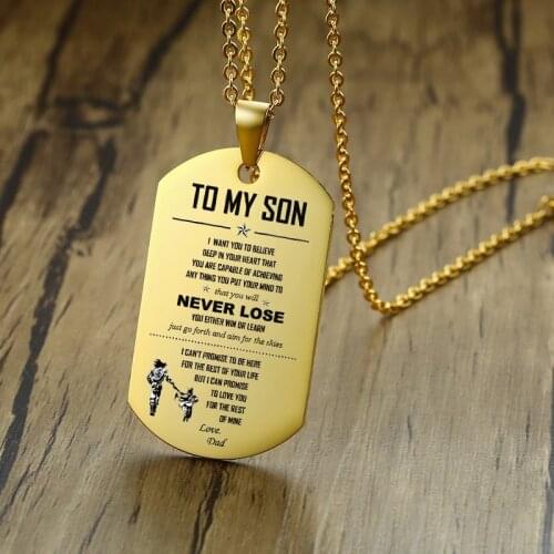 To My Son Dog Tag Pendant Necklace Gold Color Stainless Steel Dad Always Remember and Love Boys Family Accessories