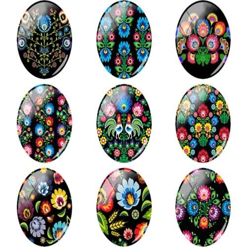TAFREE Poland Polish Folk Pattern Oval Shaped 18x25 mm Glass Cabochon Flat Back Jewelry Making Findings PF39