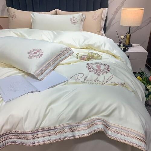 Luxury Satin Silky Embroidery Bedding Set Soft Smooth Double Duvet Cover Set Bed Linen Fitted Sheet Pillowcases Home Textiles