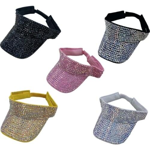 Women Empty Top Hat Sunshade Wide Brim Sports Rhinestone Hat Sun Protection Sun Hat Empty Top Summer Breathable Hat G5AE