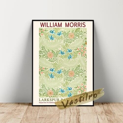 William Morris Museum Exhibition Poster, William Larkspur Pattern Wall Picture, Morris Flower Leaf Wall Art, Retro Plant Prints