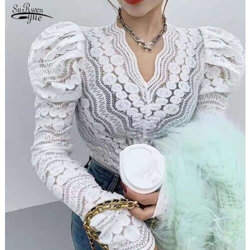 2021 Fall Puff Sleeve Lace Women Shirt Thin V-neck Hollow Chain Link Flower Womens Blouse Long Sleeve Elegant Base Blouse 16126
