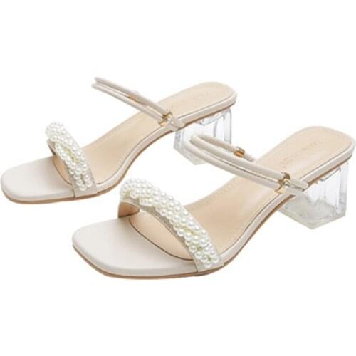 Luxury Quality 2021 New Summer Fashion Pearl Women Sandals Clear Crystal 5CM High heels Ladies Sandals Dress Open Toe Shoes