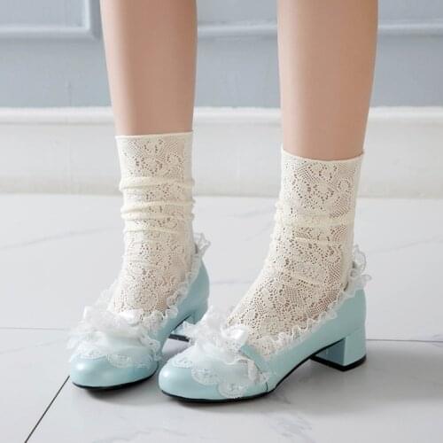Womens Lolita Lace Block Chunky Heel Round Toe Bowknot Mary Janes Kawaii Cosplay Shoes Plus Size 3Colors V003