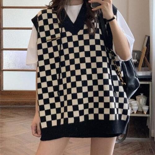 Women Korean Sweater Vest Knitting Pullovers Sleeveless Unif Oversized Waistcoat Vintage V Neck Female Jumper Sweaters Top