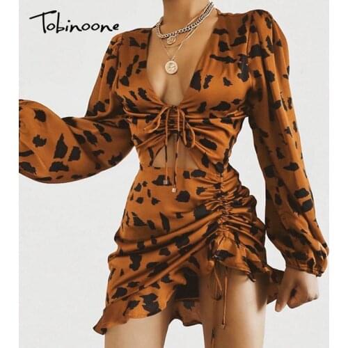 Tobinoone Sexy v-neck pleated dress women Long sleeve print ruffles mini dress vintage elastic high waist party dress vestidos