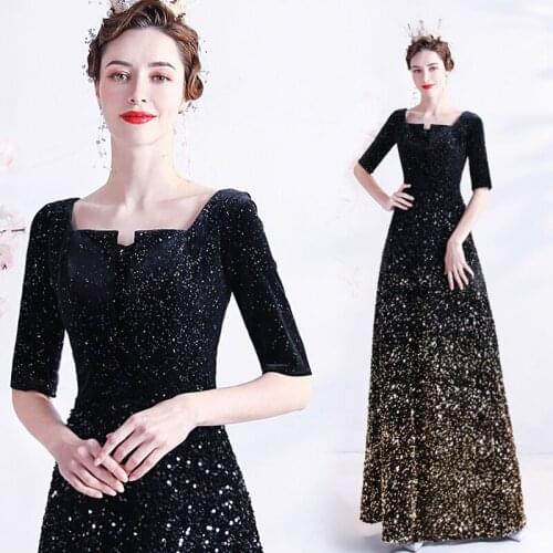Elegant Half Sleevels Beaded Sequin Evening Dress Women Square Neck Glitter Party Maxi Dress Formal Prom Dresses