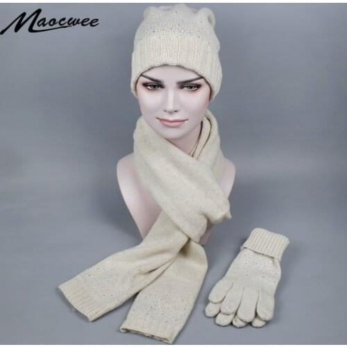 Winter Knitted Scarf Hat & Glove Sets for Women Inlaid diamonds wool Warm Scarves Skullies Beanies