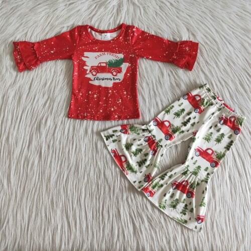 2020 RTS wholesale newborn baby girl clothes set Christmas tree red long sleeve ruffle shirt top bell bottom pants clothing sets