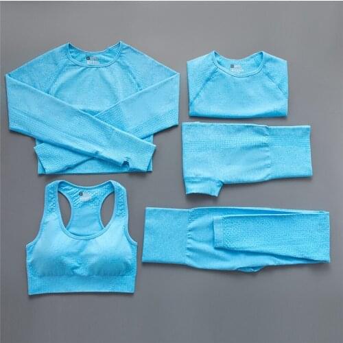 5Pcs Bright Blue Pink Women Seamless Yoga Set Workout Sportswear Gym Clothing Fitness Crop Top High Waist Leggings Sports Suits