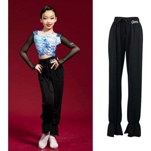 Latin Dance Pants Girls Black Ballroom Practice Wear Mesh Salsa Dancing Outfit Stage Costume Long Sleeve Tap Dance Wear DL7771
